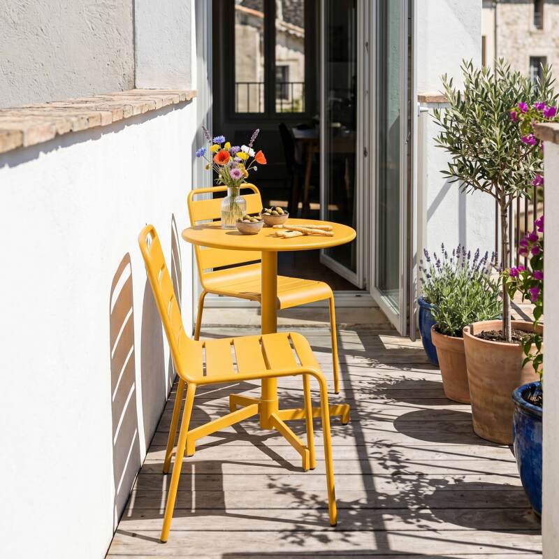 Table de terrasse de restaurant bistrot ronde inclinable en métal avec pied encastrable 70x70 cm et 2 chaises (3/11)