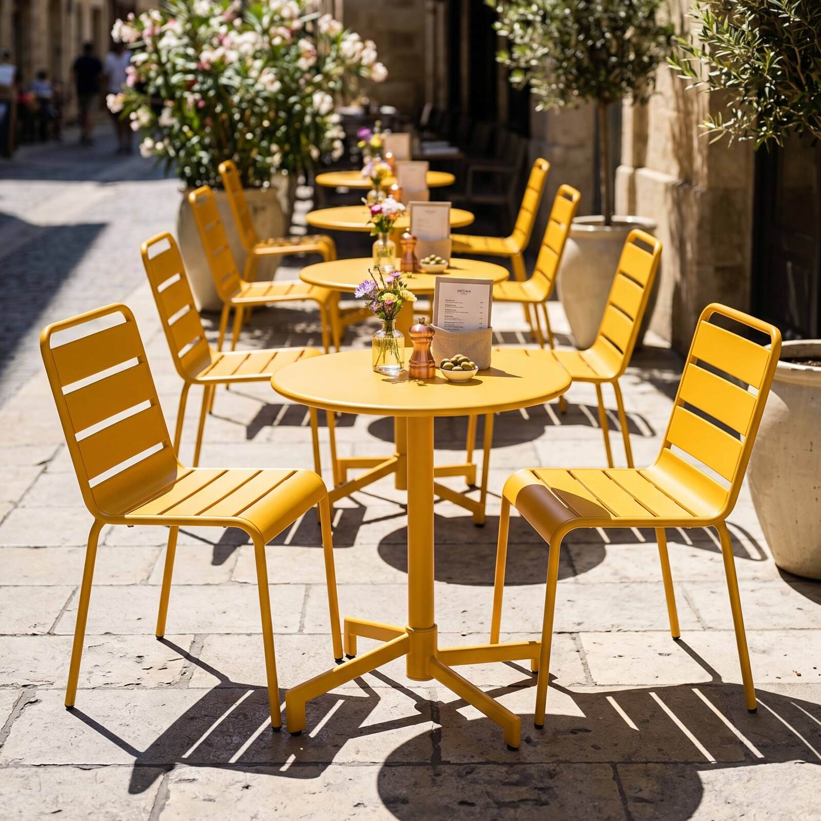 Table de terrasse de restaurant bistrot ronde inclinable en métal avec pied encastrable 70x70 cm et 2 chaises