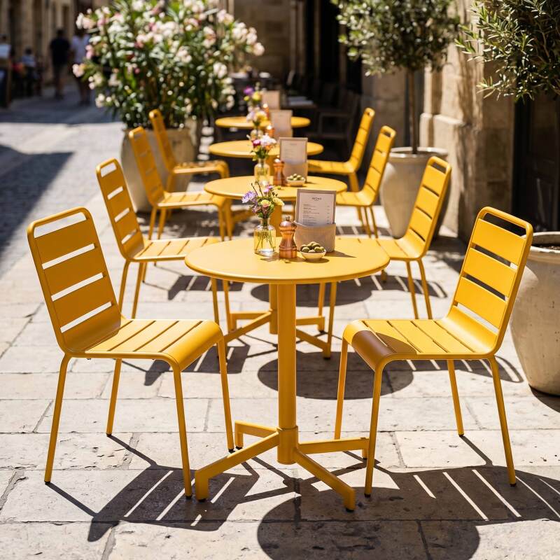 Table de terrasse de restaurant bistrot ronde inclinable en métal avec pied encastrable 70x70 cm et 2 chaises (7/11)