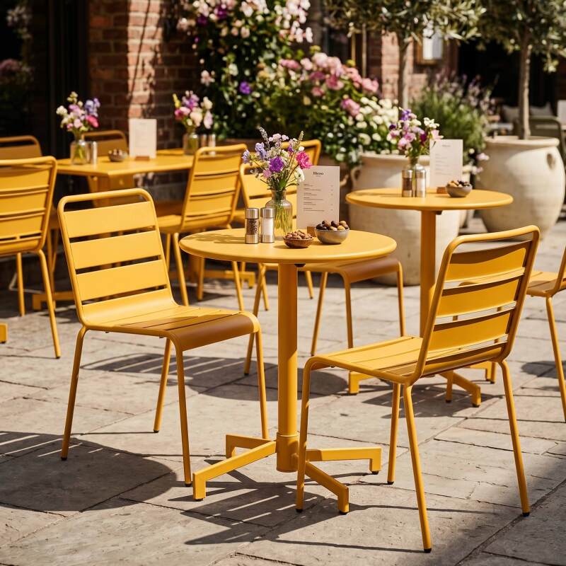 Table de terrasse de restaurant bistrot ronde inclinable en métal avec pied encastrable 70x70 cm et 2 chaises (8/11)