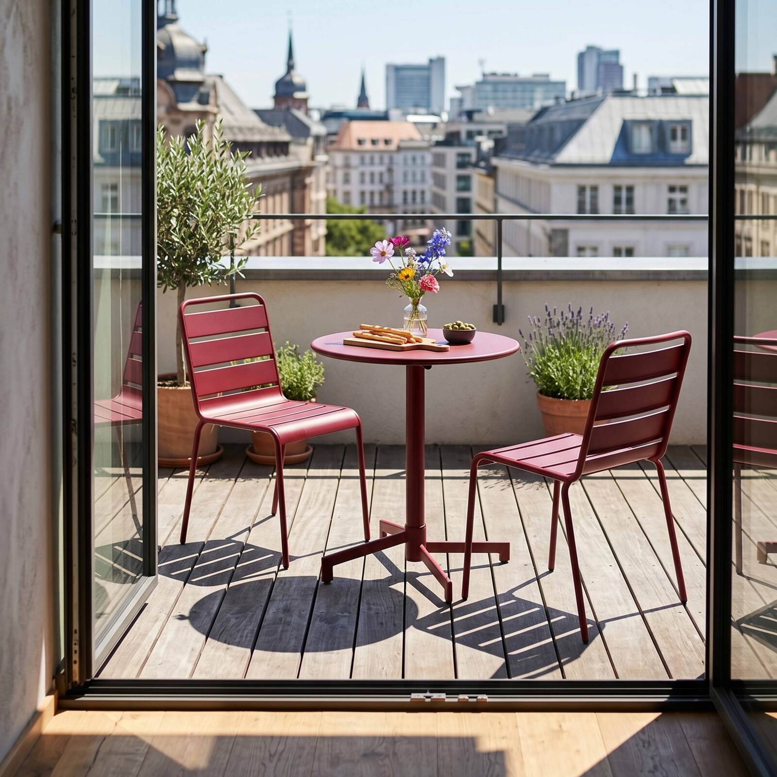 Table de terrasse de restaurant bistrot ronde inclinable en métal avec pied encastrable 70x70 cm et 2 chaises