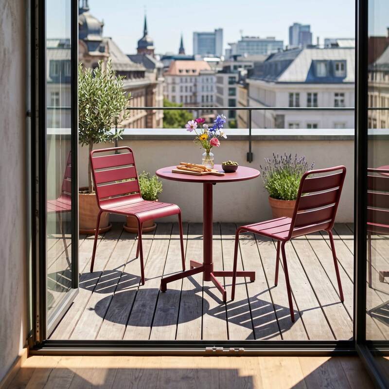 Table de terrasse de restaurant bistrot ronde inclinable en métal avec pied encastrable 70x70 cm et 2 chaises (3/11)