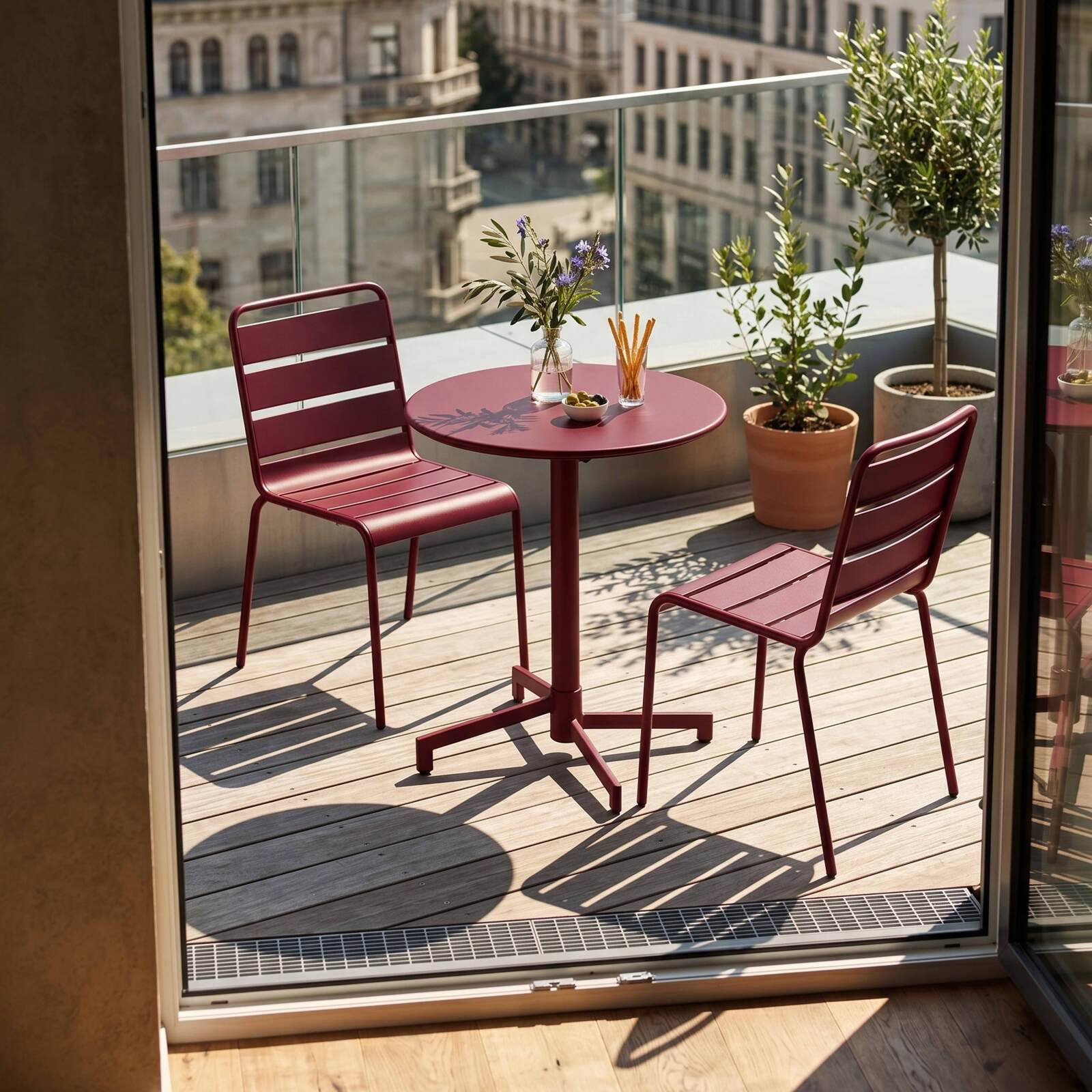 Table de terrasse de restaurant bistrot ronde inclinable en métal avec pied encastrable 70x70 cm et 2 chaises