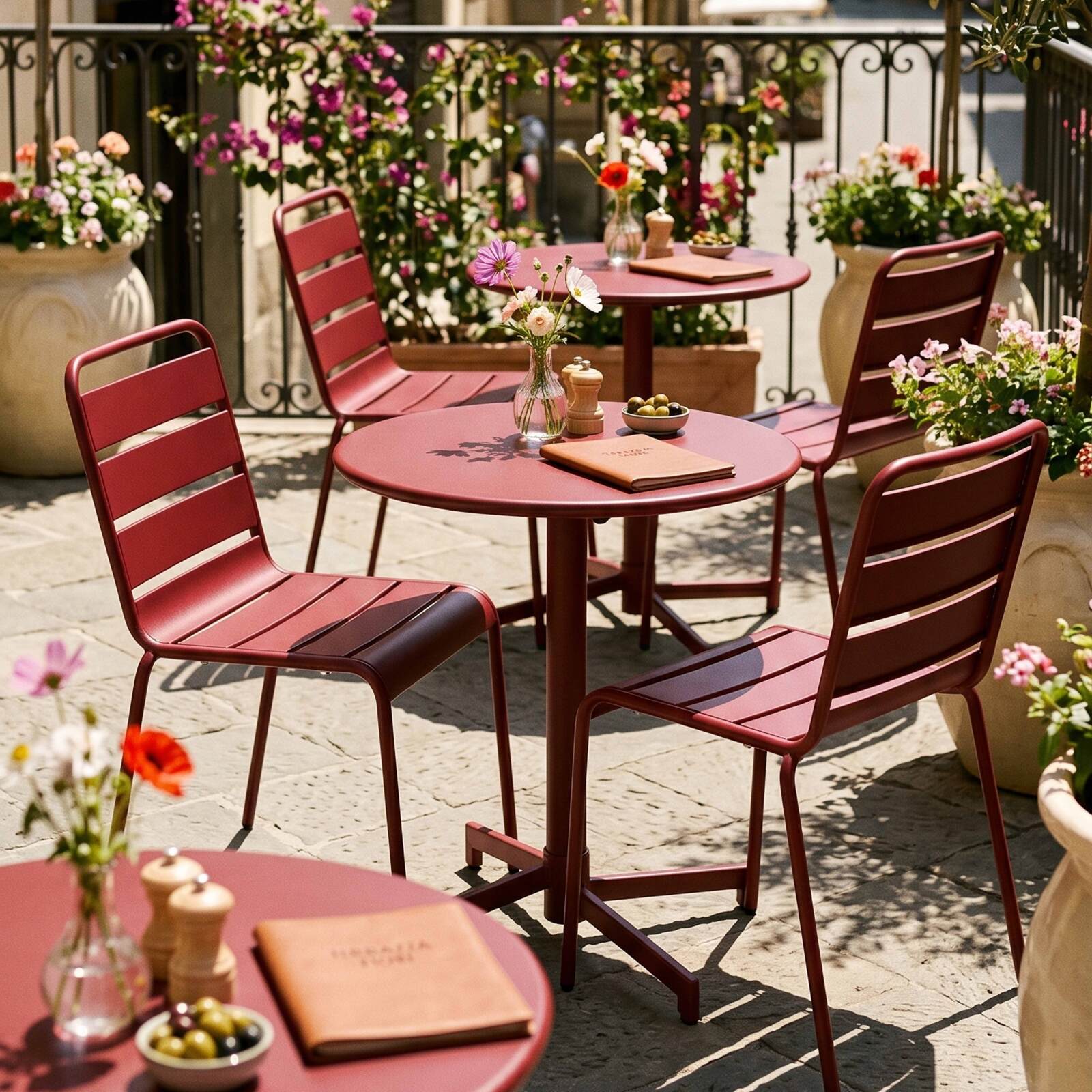 Table de terrasse de restaurant bistrot ronde inclinable en métal avec pied encastrable 70x70 cm et 2 chaises