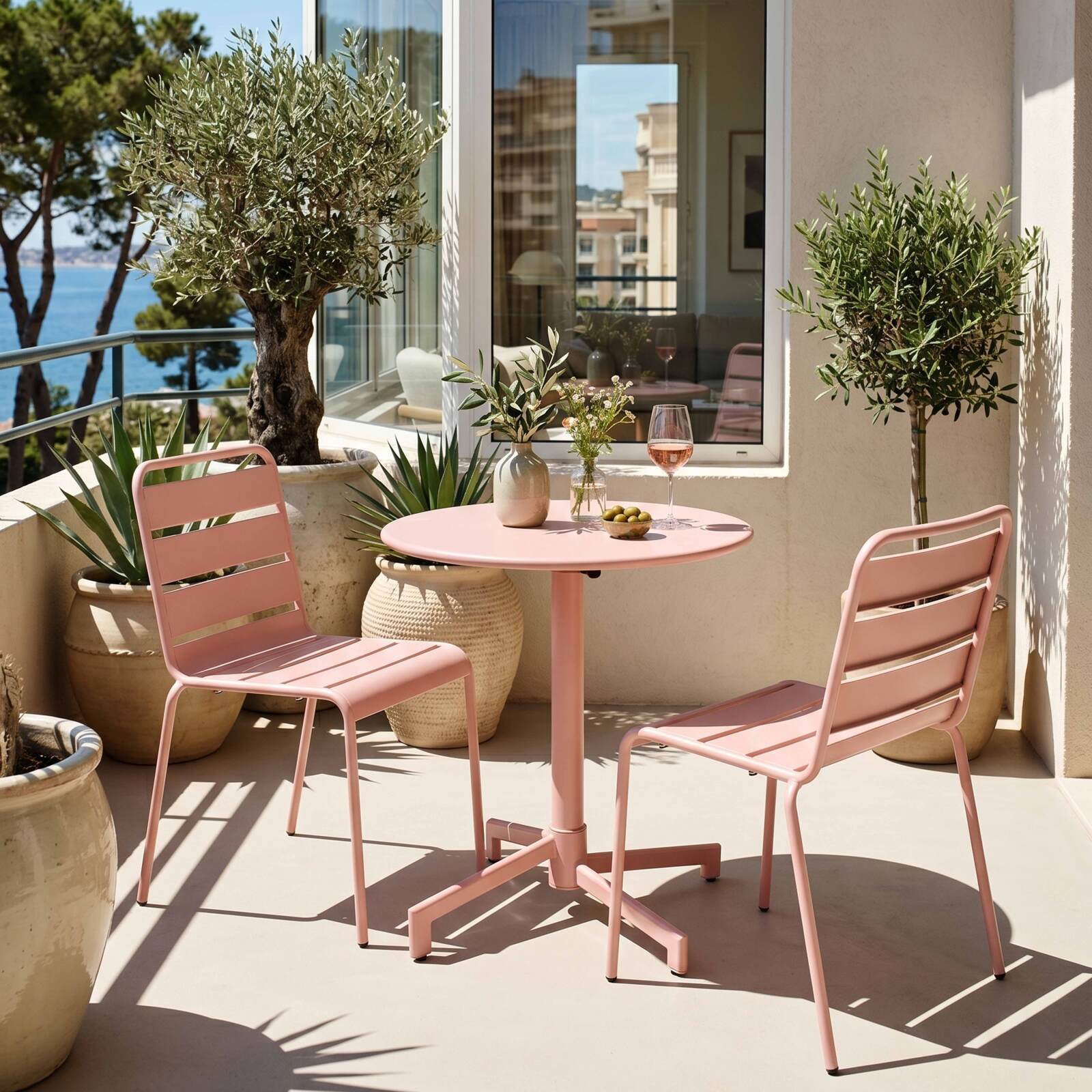 Table de terrasse de restaurant bistrot ronde inclinable en métal avec pied encastrable 70x70 cm et 2 chaises