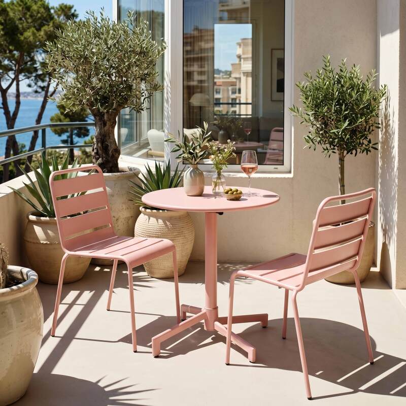 Table de terrasse de restaurant bistrot ronde inclinable en métal avec pied encastrable 70x70 cm et 2 chaises (3/12)