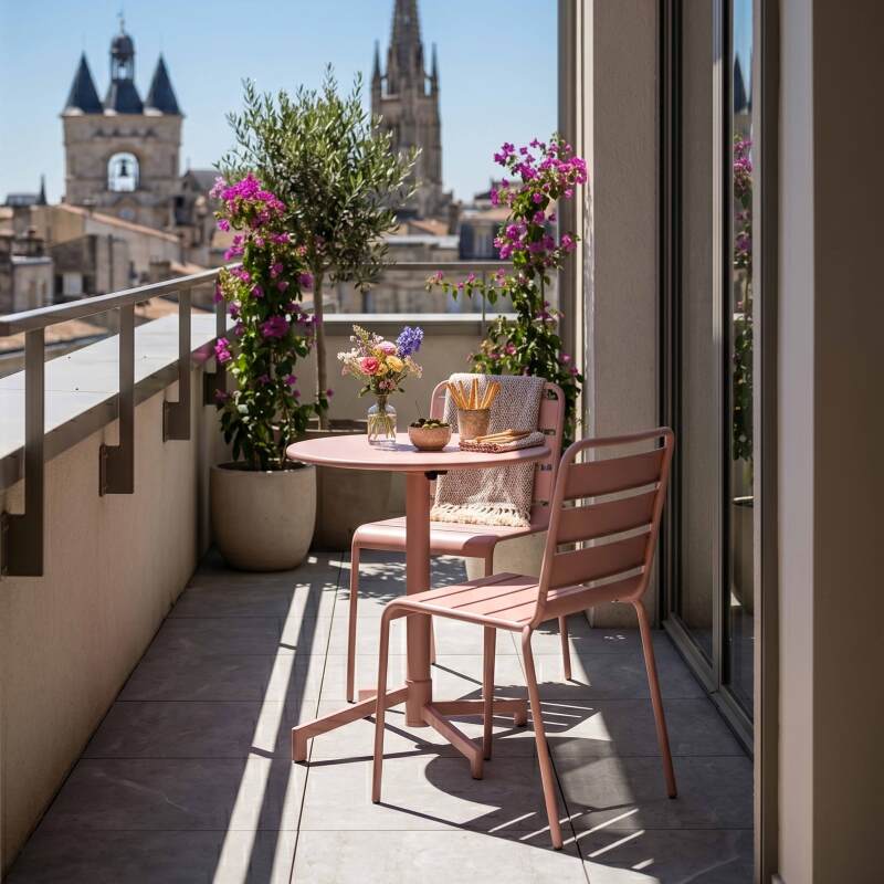 Table de terrasse de restaurant bistrot ronde inclinable en métal avec pied encastrable 70x70 cm et 2 chaises (2/12)