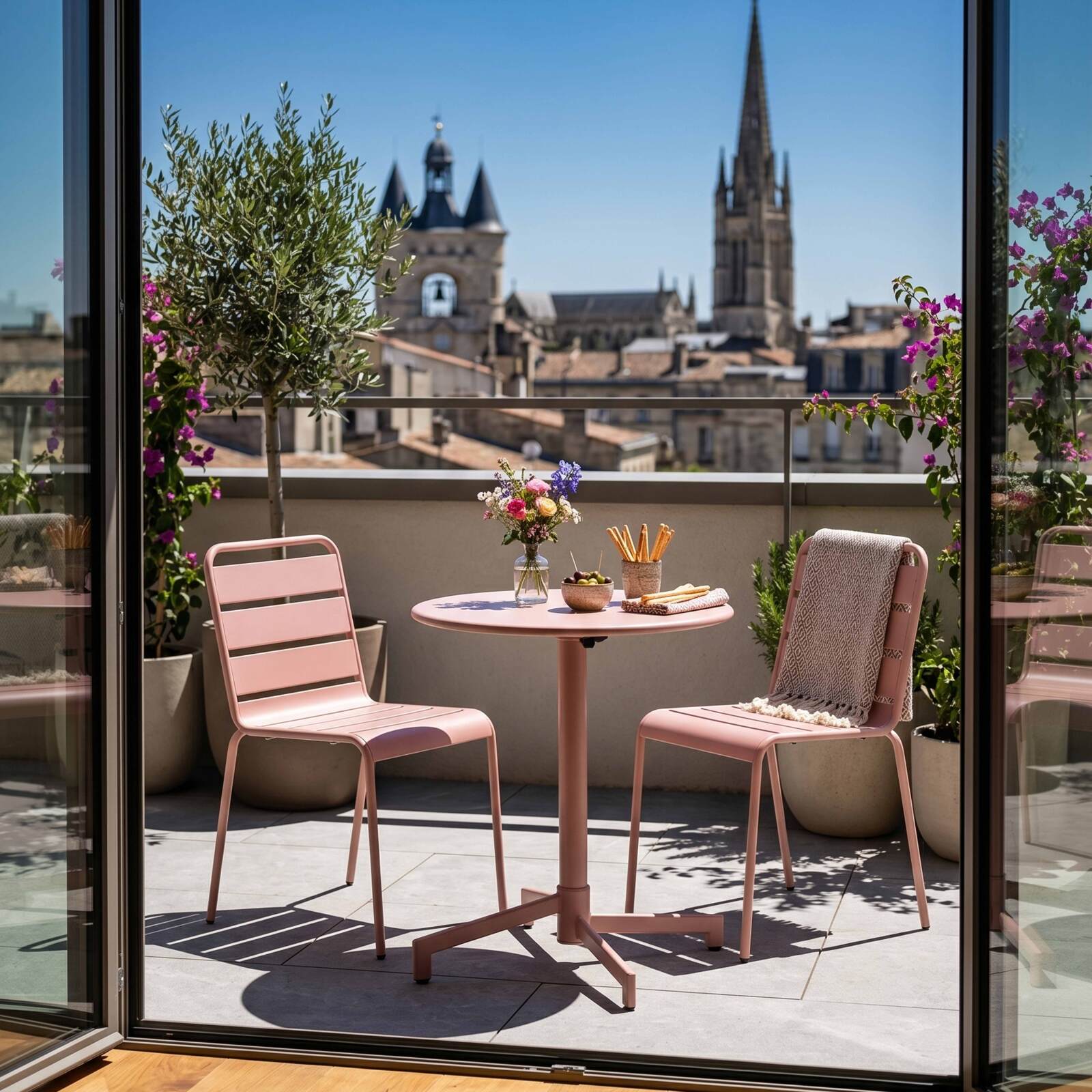 Table de terrasse de restaurant bistrot ronde inclinable en métal avec pied encastrable 70x70 cm et 2 chaises