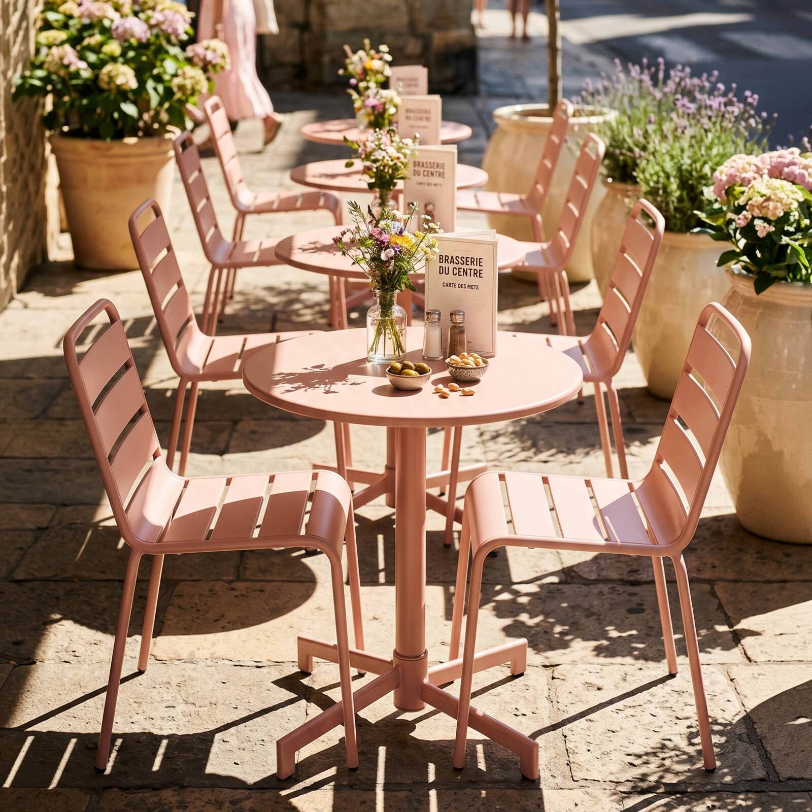 Table de terrasse de restaurant bistrot ronde inclinable en métal avec pied encastrable 70x70 cm et 2 chaises