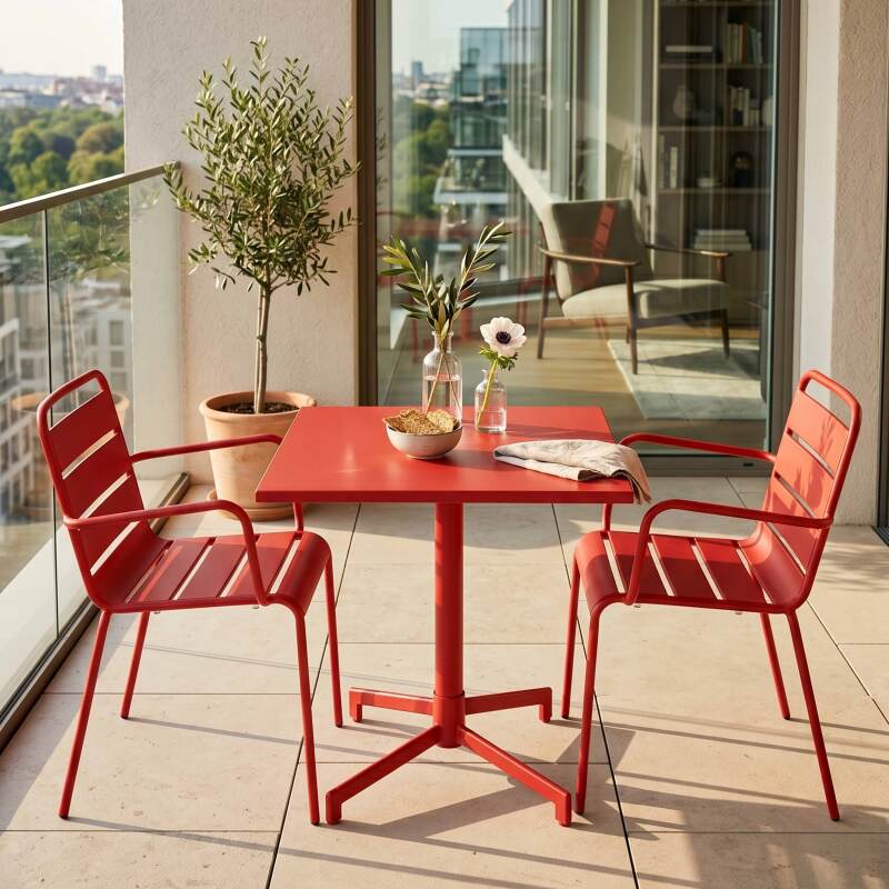 Table de terrasse de restaurant bistrot carrée inclinable en métal avec pied encastrable 70x70 cm et 2 chaises avec accoudoirs