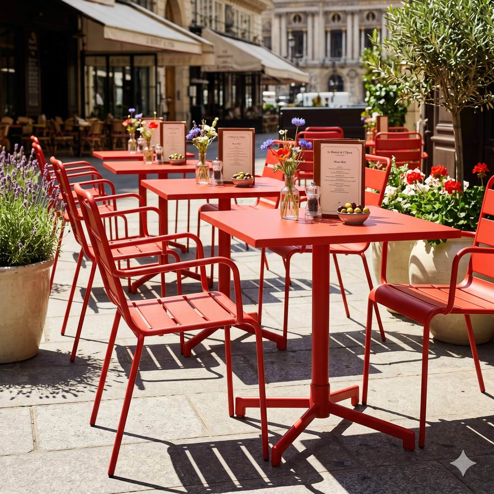 Table de terrasse de restaurant bistrot carrée inclinable en métal avec pied encastrable 70x70 cm et 2 chaises avec accoudoirs