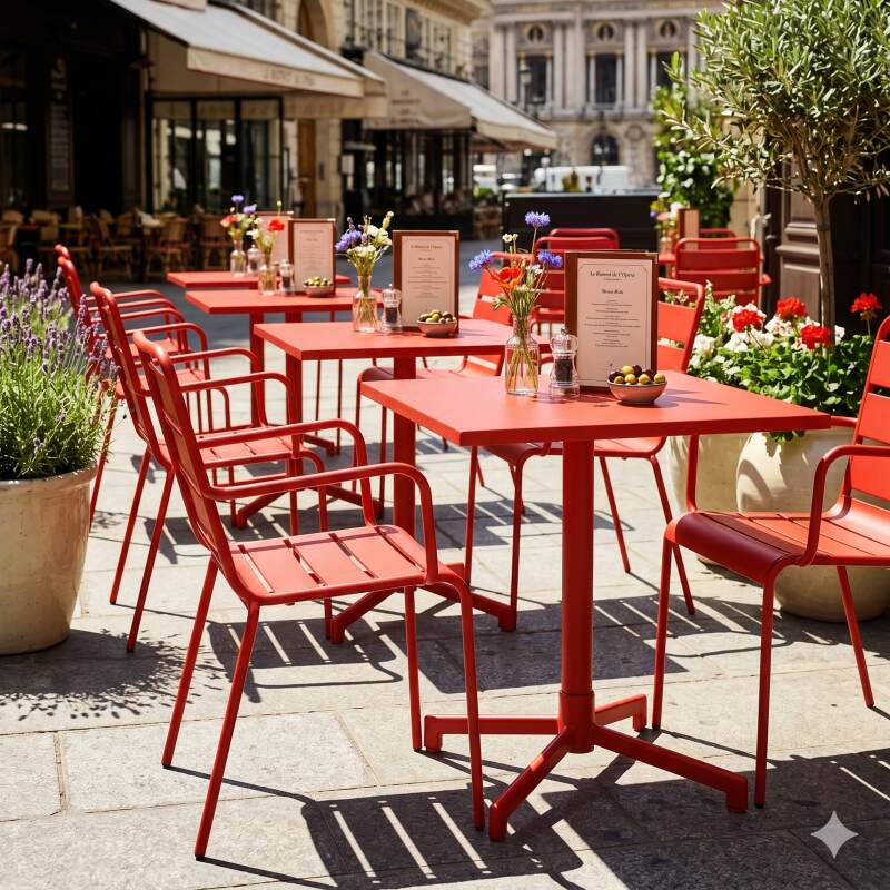Table de terrasse de restaurant bistrot carrée inclinable en métal avec pied encastrable 70x70 cm et 2 chaises avec accoudoirs (6/7)