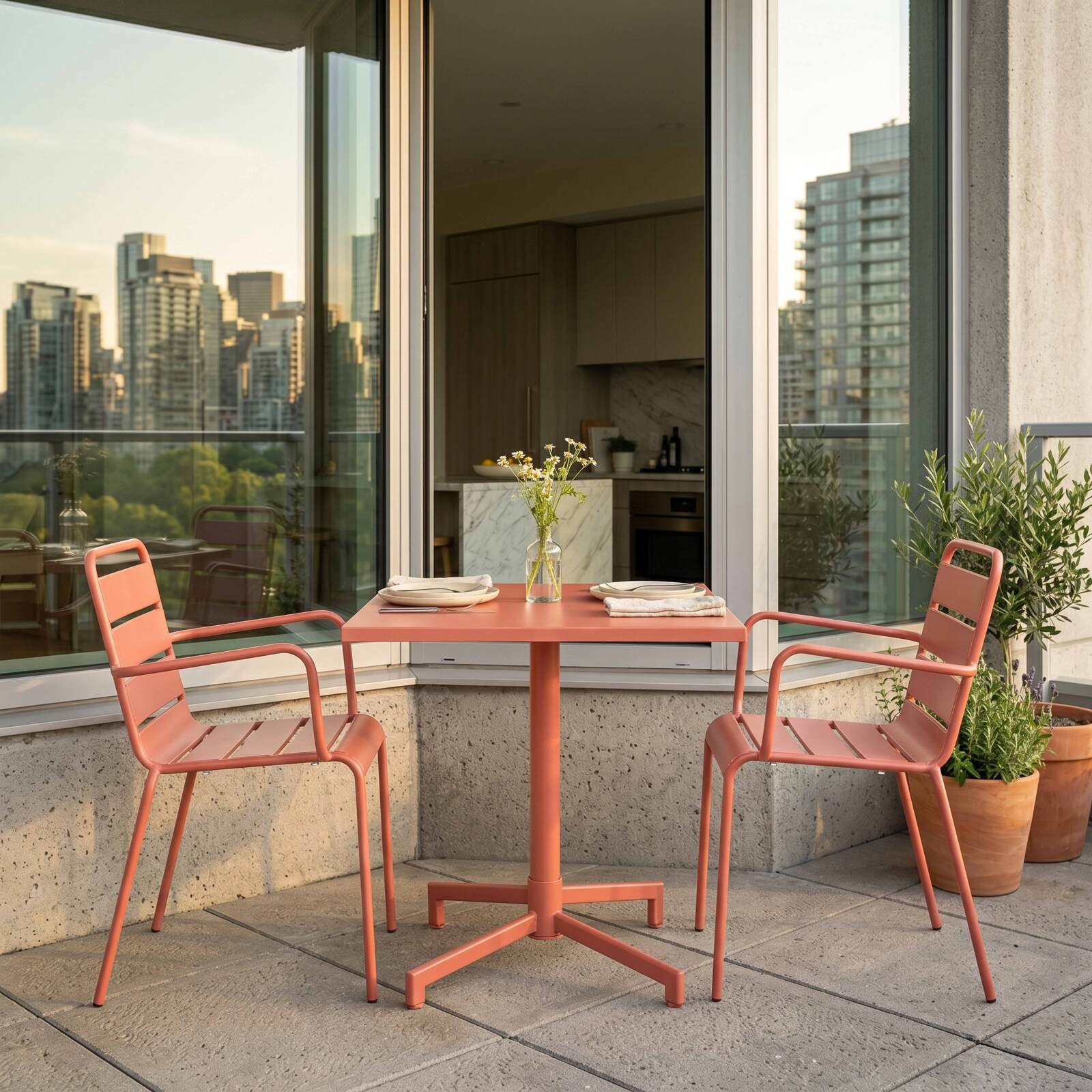 Table de terrasse de restaurant bistrot carrée inclinable en métal avec pied encastrable 70x70 cm et 2 chaises avec accoudoirs