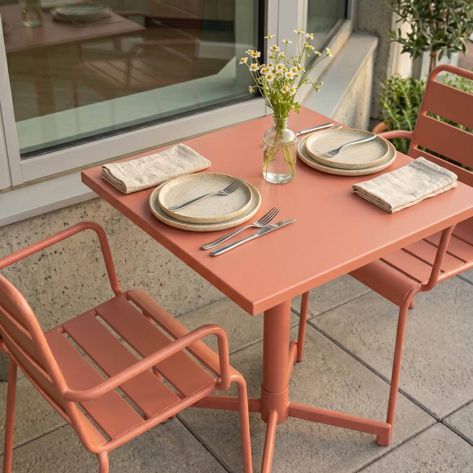 Table de terrasse de restaurant bistrot carrée inclinable en métal avec pied encastrable 70x70 cm et 2 chaises avec accoudoirs