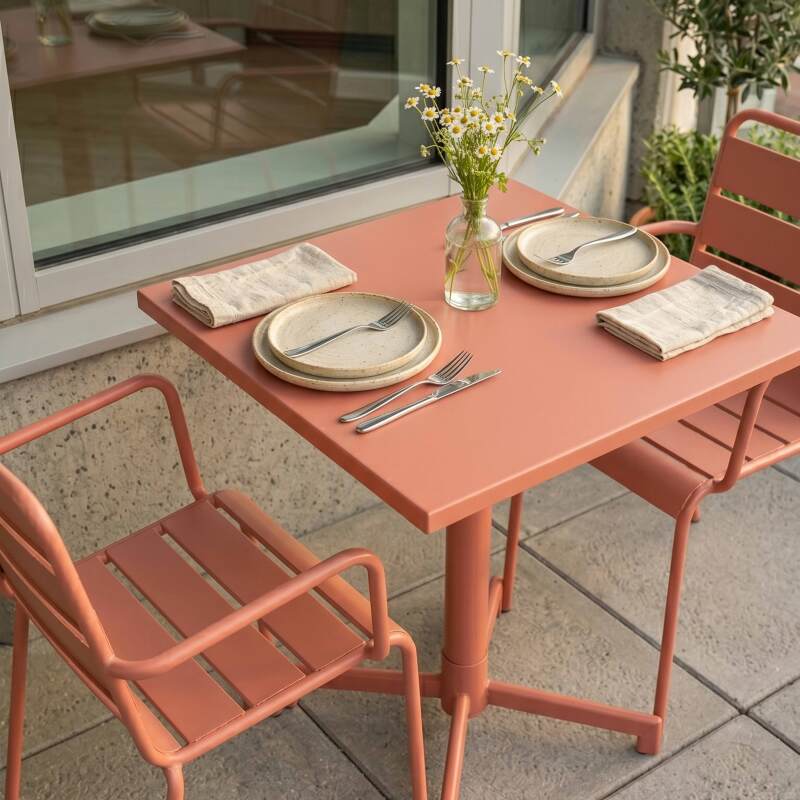 Table de terrasse de restaurant bistrot carrée inclinable en métal avec pied encastrable 70x70 cm et 2 chaises avec accoudoirs (4/7)