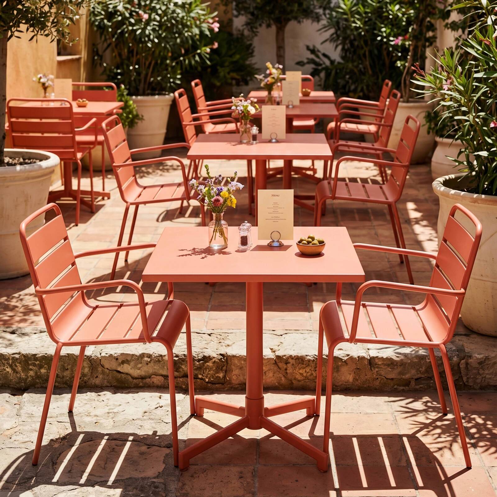 Table de terrasse de restaurant bistrot carrée inclinable en métal avec pied encastrable 70x70 cm et 2 chaises avec accoudoirs