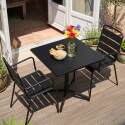 Table de terrasse de restaurant bistrot carrée inclinable en métal avec pied encastrable 70x70 cm et 2 chaises avec accoudoirs