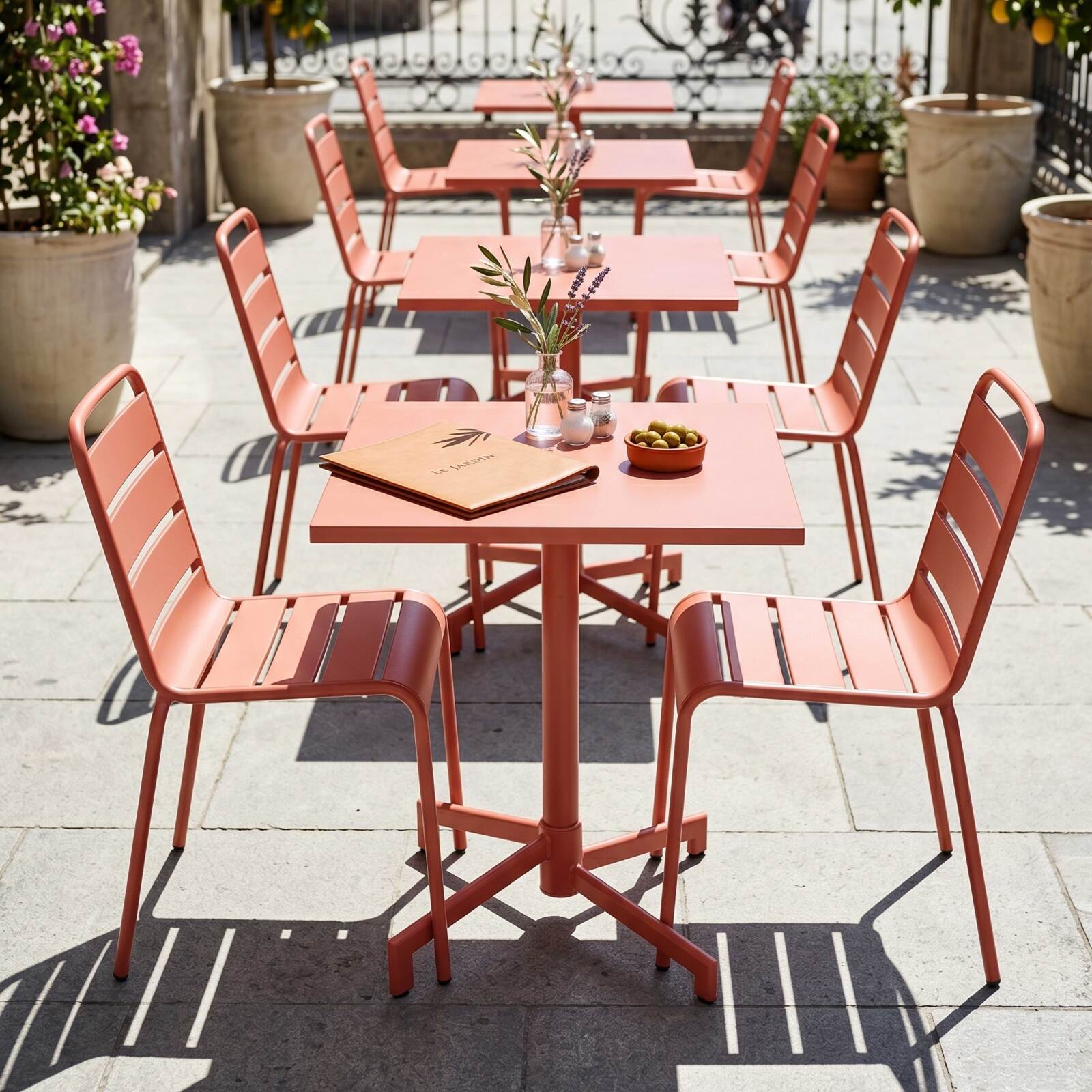 Table de terrasse de restaurant bistrot carré inclinable en métal avec pied encastrable 70x70 cm et 2 chaises