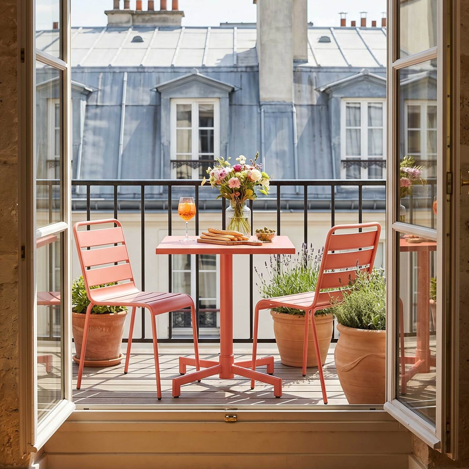 Table de terrasse de restaurant bistrot carré inclinable en métal avec pied encastrable 70x70 cm et 2 chaises