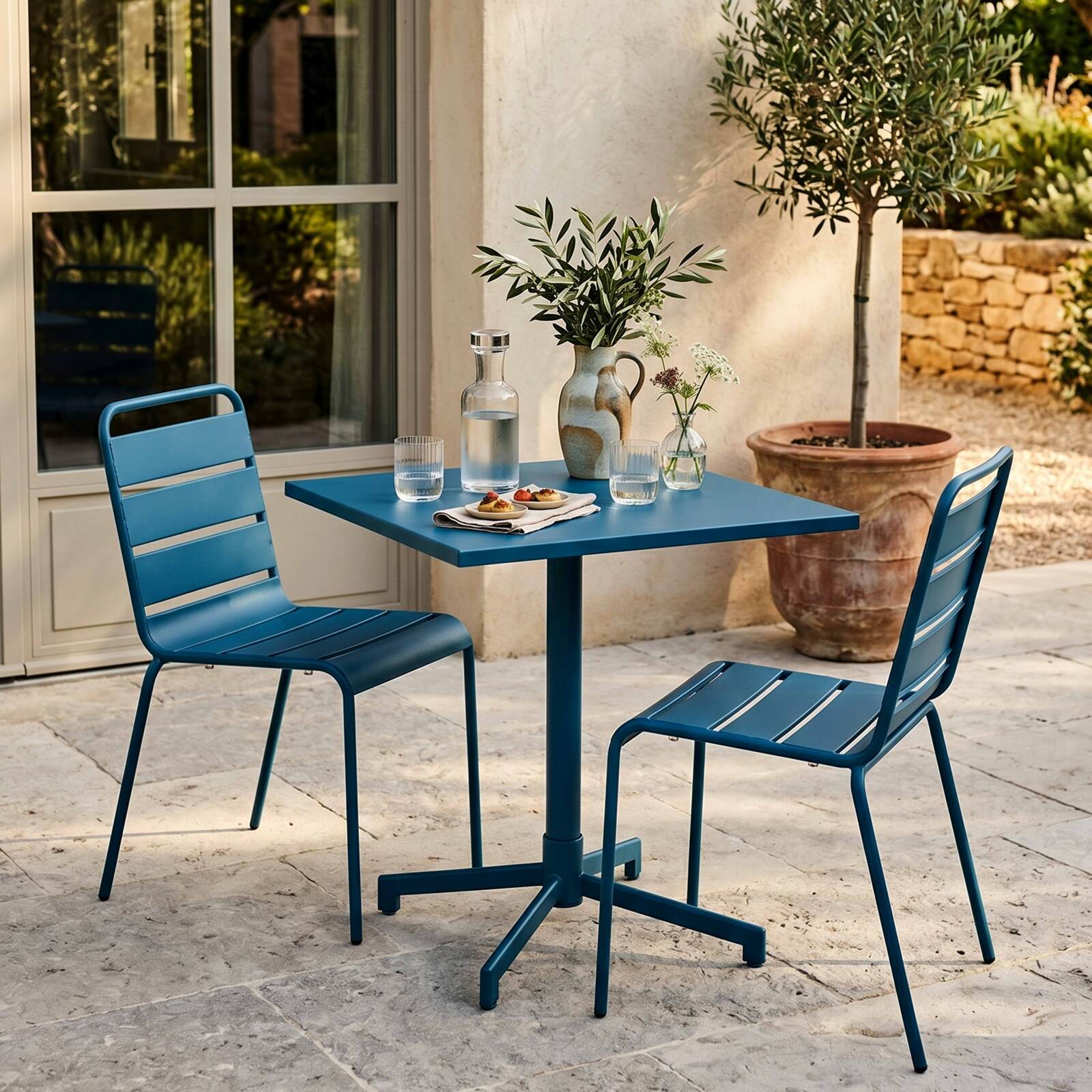 Table de terrasse de restaurant bistrot carré inclinable en métal avec pied encastrable 70x70 cm et 2 chaises