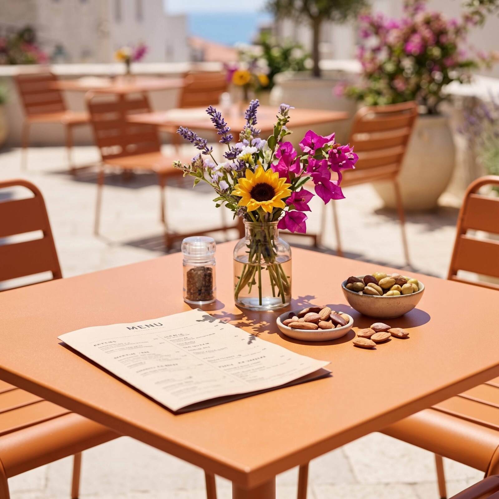 Table de terrasse de restaurant bistrot carré inclinable en métal avec pied encastrable 70x70 cm et 2 chaises