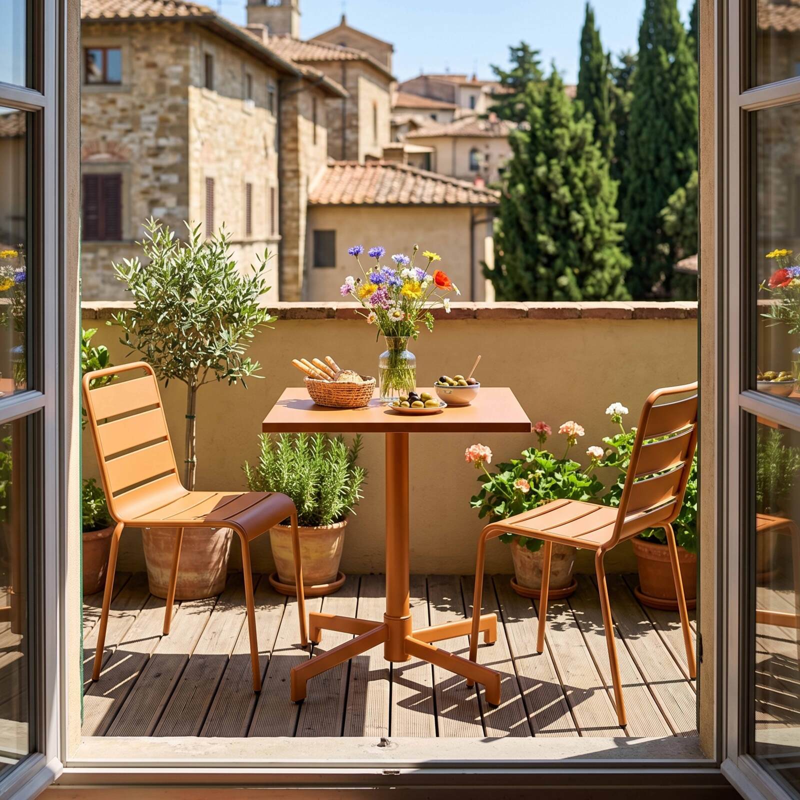 Table de terrasse de restaurant bistrot carré inclinable en métal avec pied encastrable 70x70 cm et 2 chaises