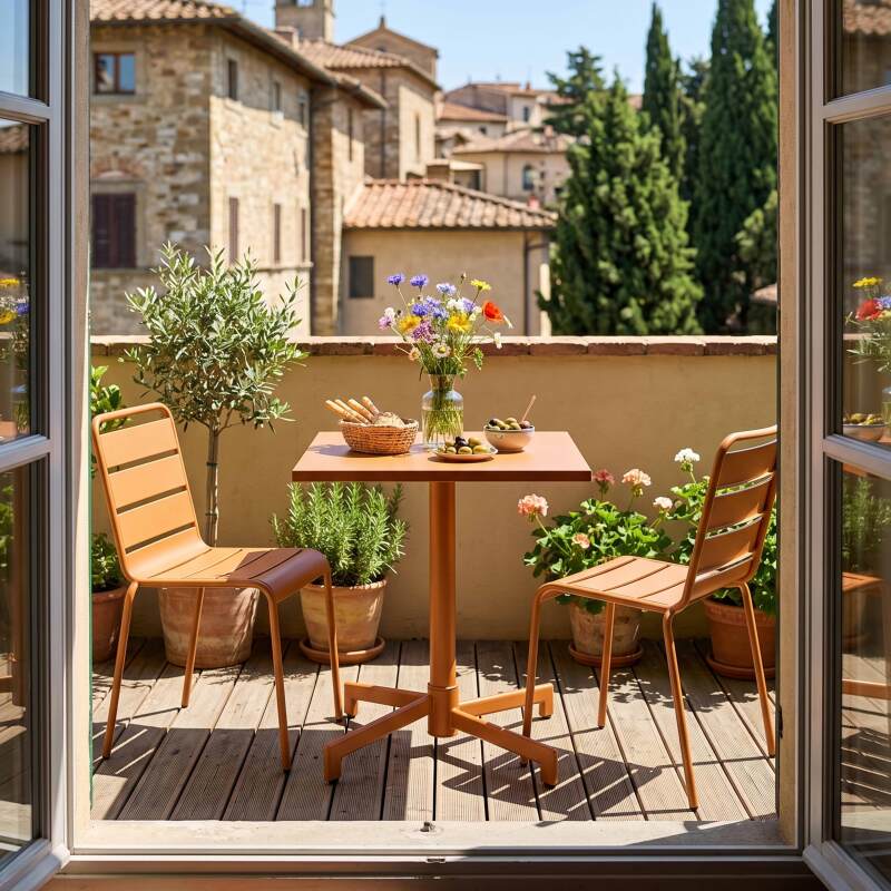 Table de terrasse de restaurant bistrot carré inclinable en métal avec pied encastrable 70x70 cm et 2 chaises