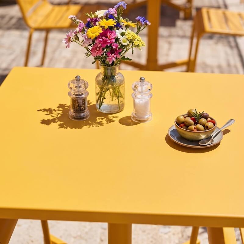 Table de terrasse de restaurant bistrot carré inclinable en métal avec pied encastrable 70x70 cm et 2 chaises (7/8)