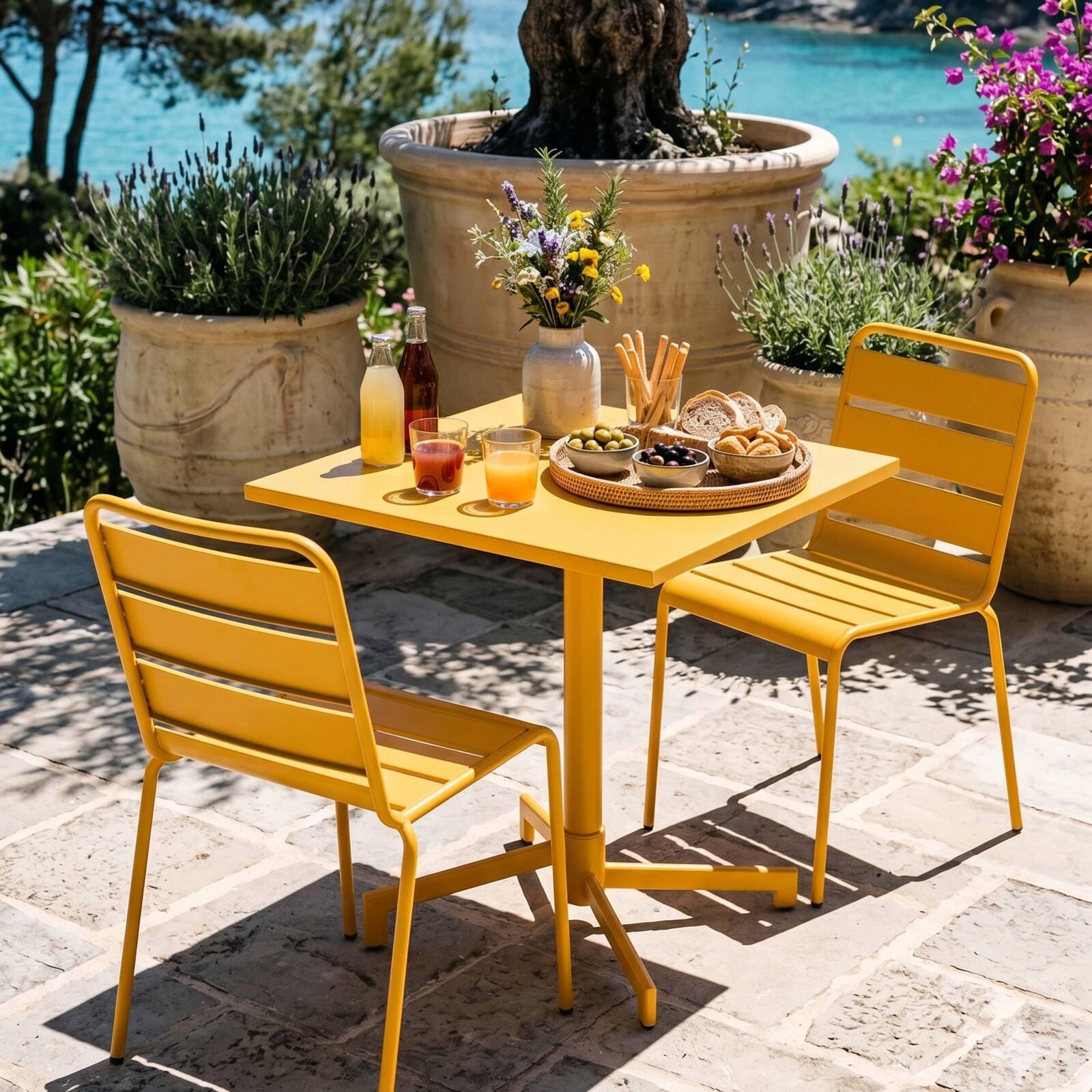 Table de terrasse de restaurant bistrot carré inclinable en métal avec pied encastrable 70x70 cm et 2 chaises