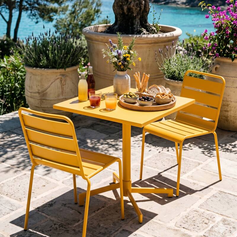 Table de terrasse de restaurant bistrot carré inclinable en métal avec pied encastrable 70x70 cm et 2 chaises