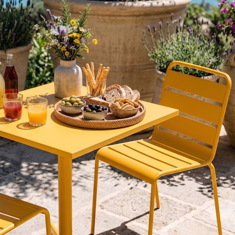 Table de terrasse de restaurant bistrot carré inclinable en métal avec pied encastrable 70x70 cm et 2 chaises (2/8)