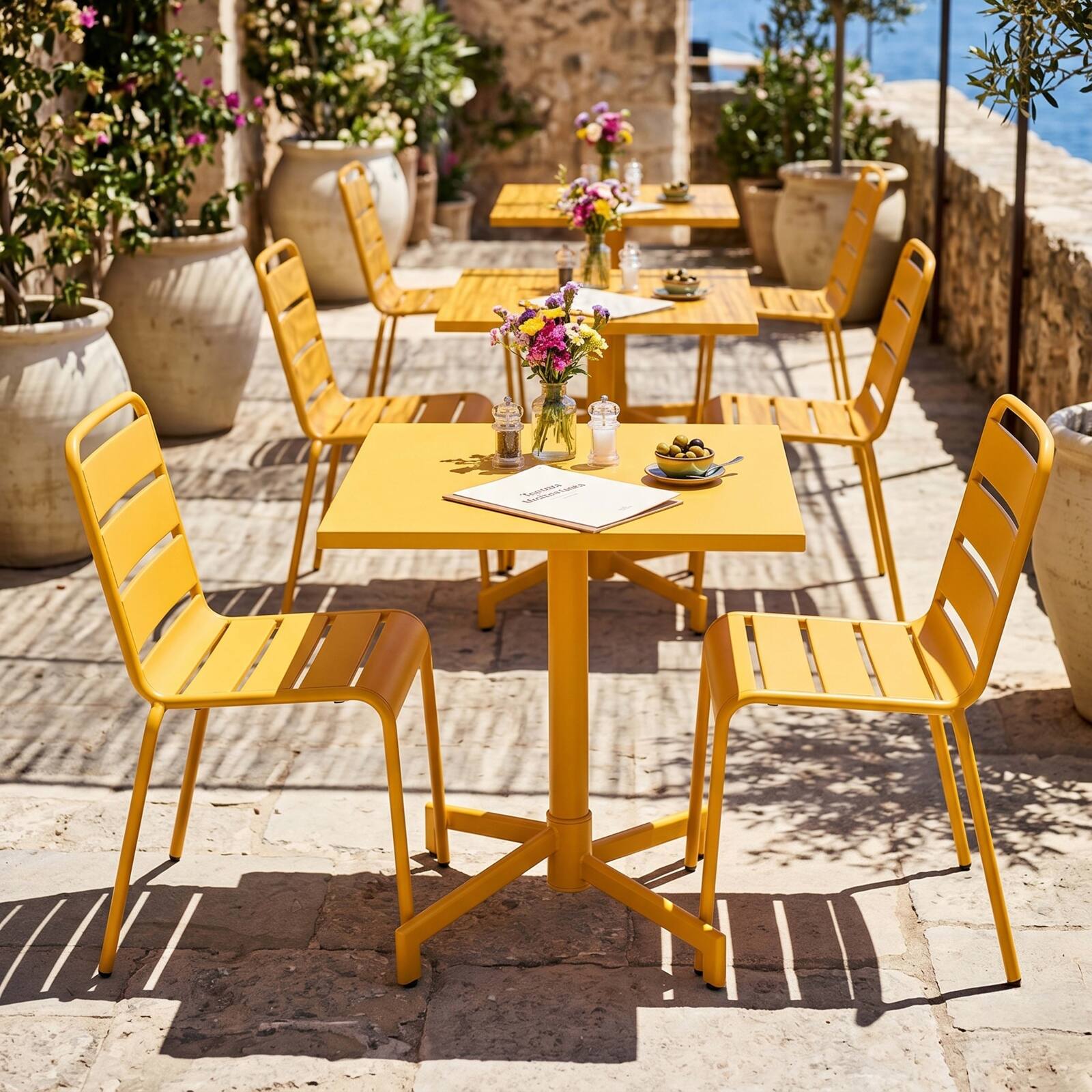 Table de terrasse de restaurant bistrot carré inclinable en métal avec pied encastrable 70x70 cm et 2 chaises