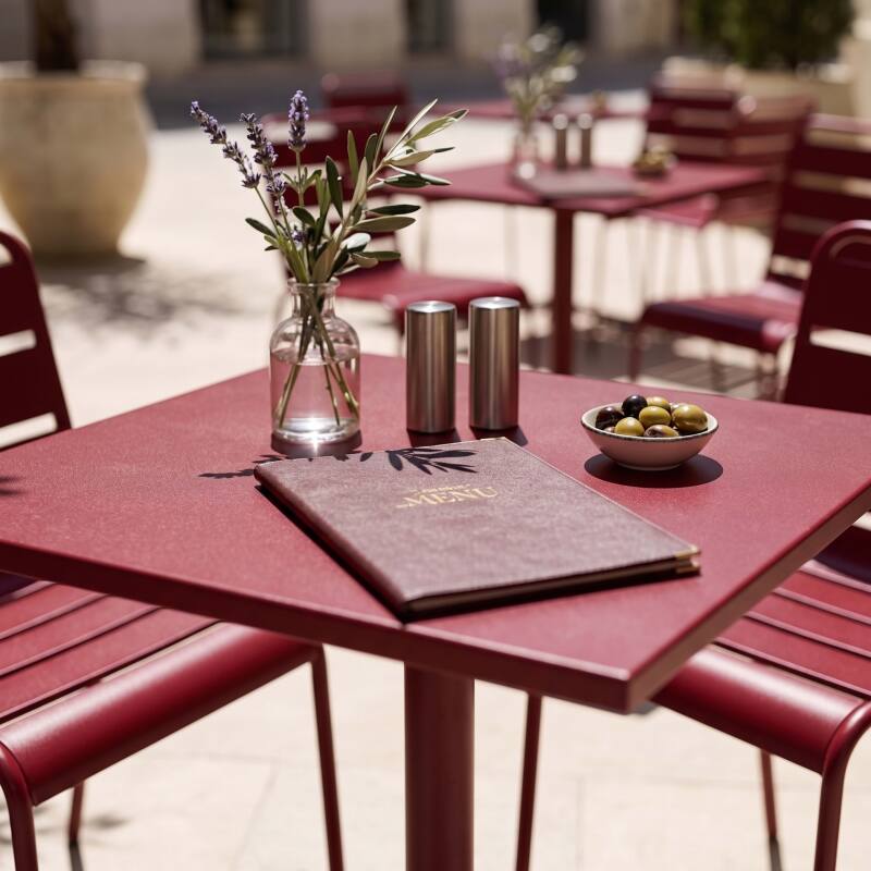 Table de terrasse de restaurant bistrot carré inclinable en métal avec pied encastrable 70x70 cm et 2 chaises (5/7)