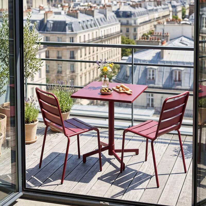 Table de terrasse de restaurant bistrot carré inclinable en métal avec pied encastrable 70x70 cm et 2 chaises
