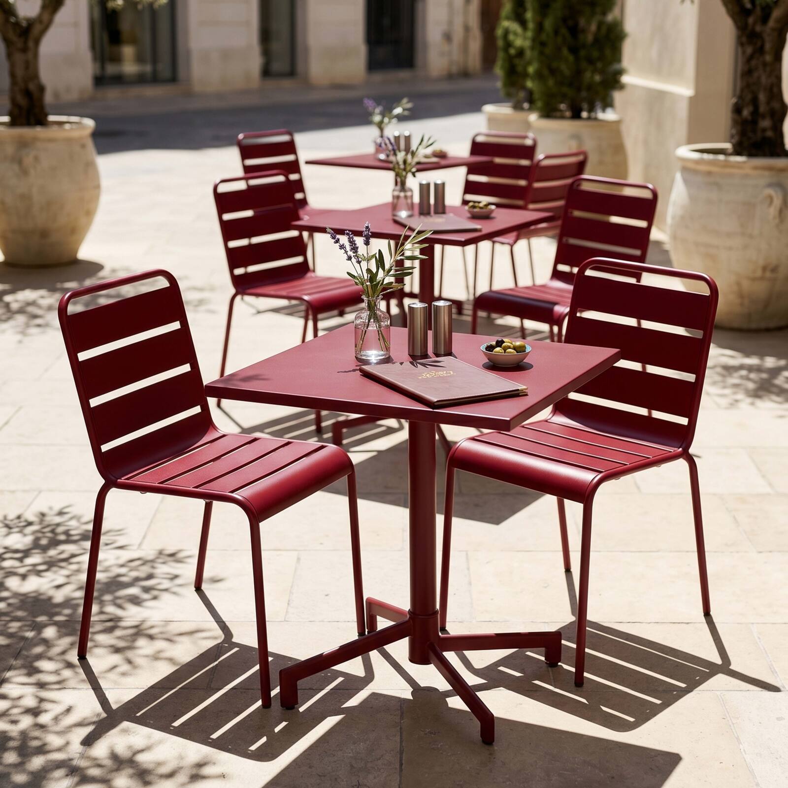 Table de terrasse de restaurant bistrot carré inclinable en métal avec pied encastrable 70x70 cm et 2 chaises
