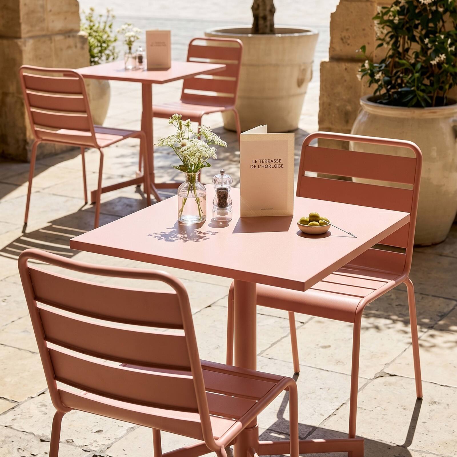 Table de terrasse de restaurant bistrot carré inclinable en métal avec pied encastrable 70x70 cm et 2 chaises