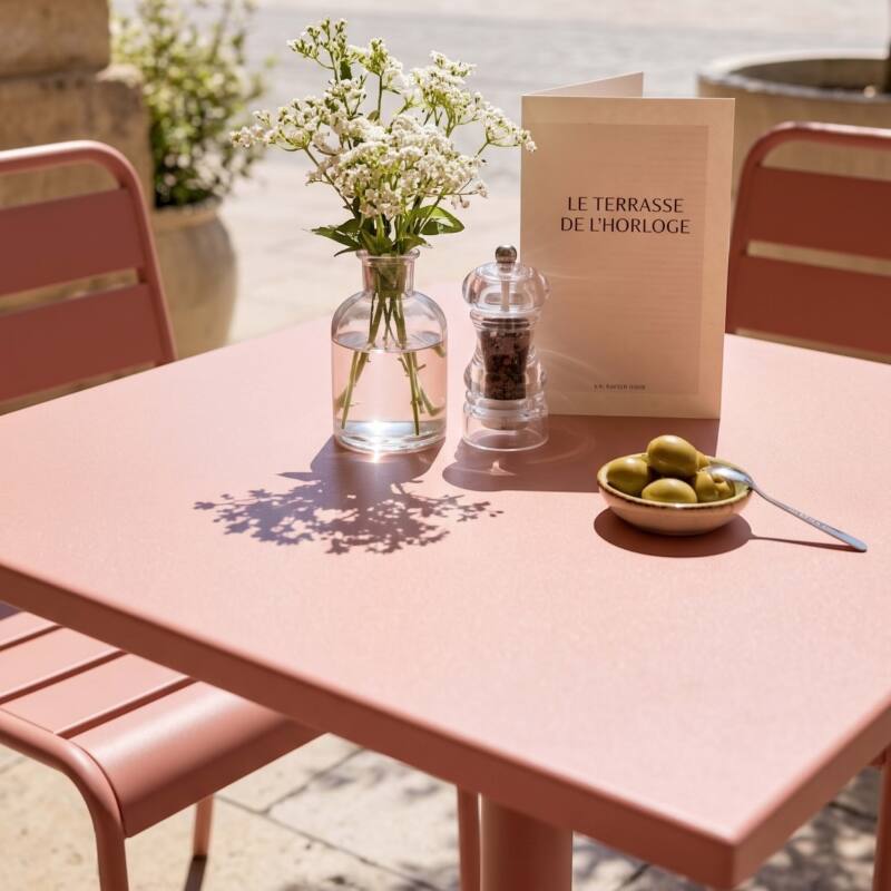 Table de terrasse de restaurant bistrot carré inclinable en métal avec pied encastrable 70x70 cm et 2 chaises (6/7)