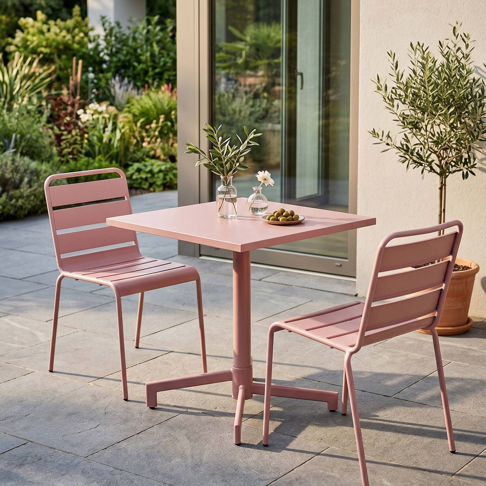Table de terrasse de restaurant bistrot carré inclinable en métal avec pied encastrable 70x70 cm et 2 chaises
