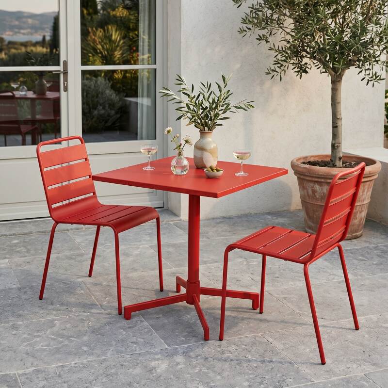 Table de terrasse de restaurant bistrot carré inclinable en métal avec pied encastrable 70x70 cm et 2 chaises