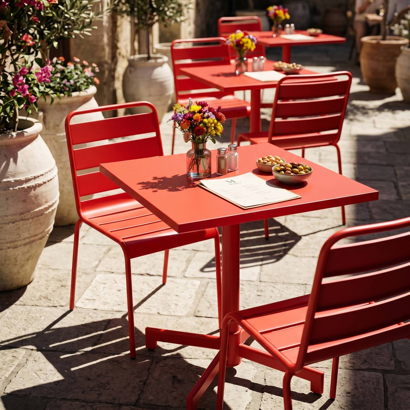 Table de terrasse de restaurant bistrot carré inclinable en métal avec pied encastrable 70x70 cm et 2 chaises