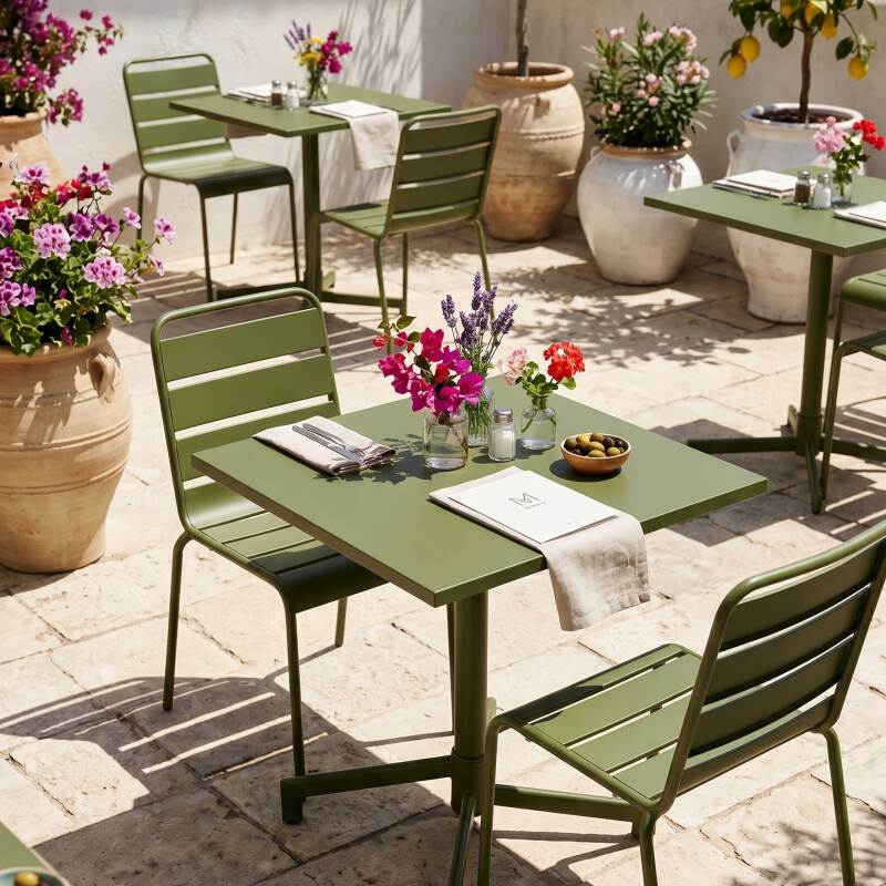 Table de terrasse de restaurant bistrot carré inclinable en métal avec pied encastrable 70x70 cm et 2 chaises (6/8)