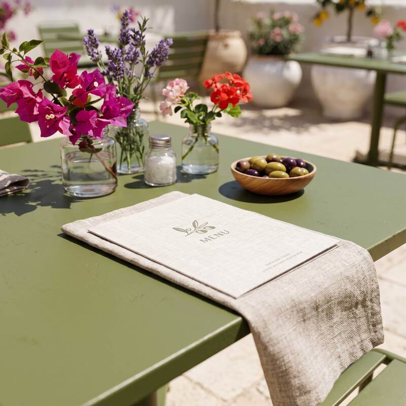 Table de terrasse de restaurant bistrot carré inclinable en métal avec pied encastrable 70x70 cm et 2 chaises (7/8)