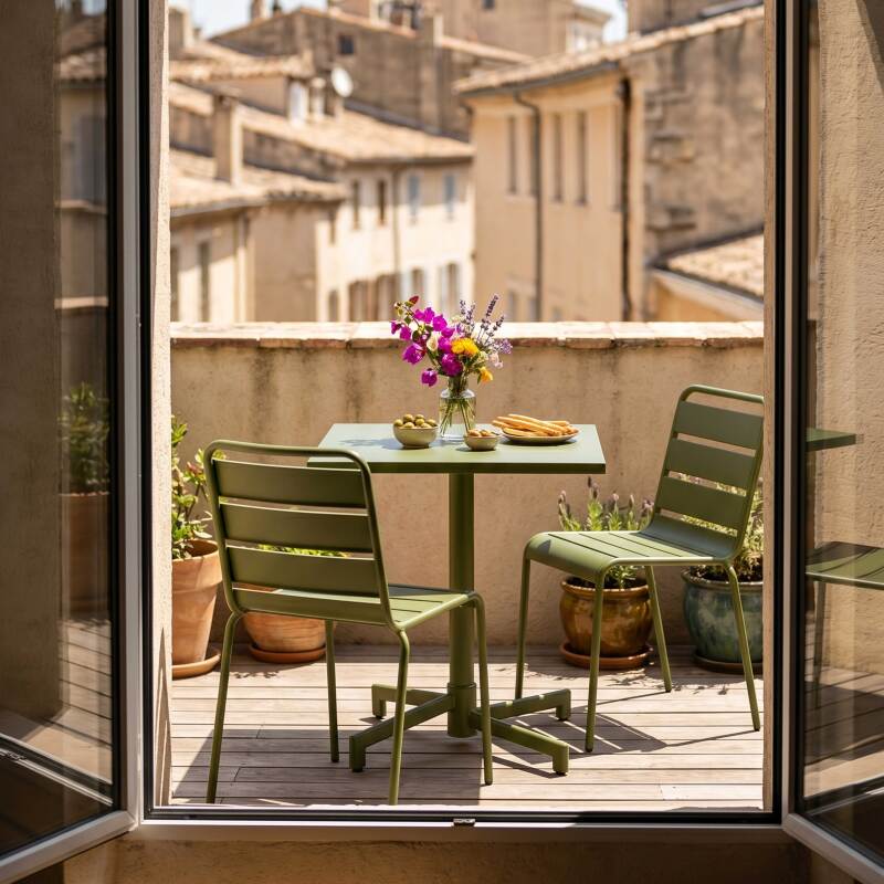 Table de terrasse de restaurant bistrot carré inclinable en métal avec pied encastrable 70x70 cm et 2 chaises