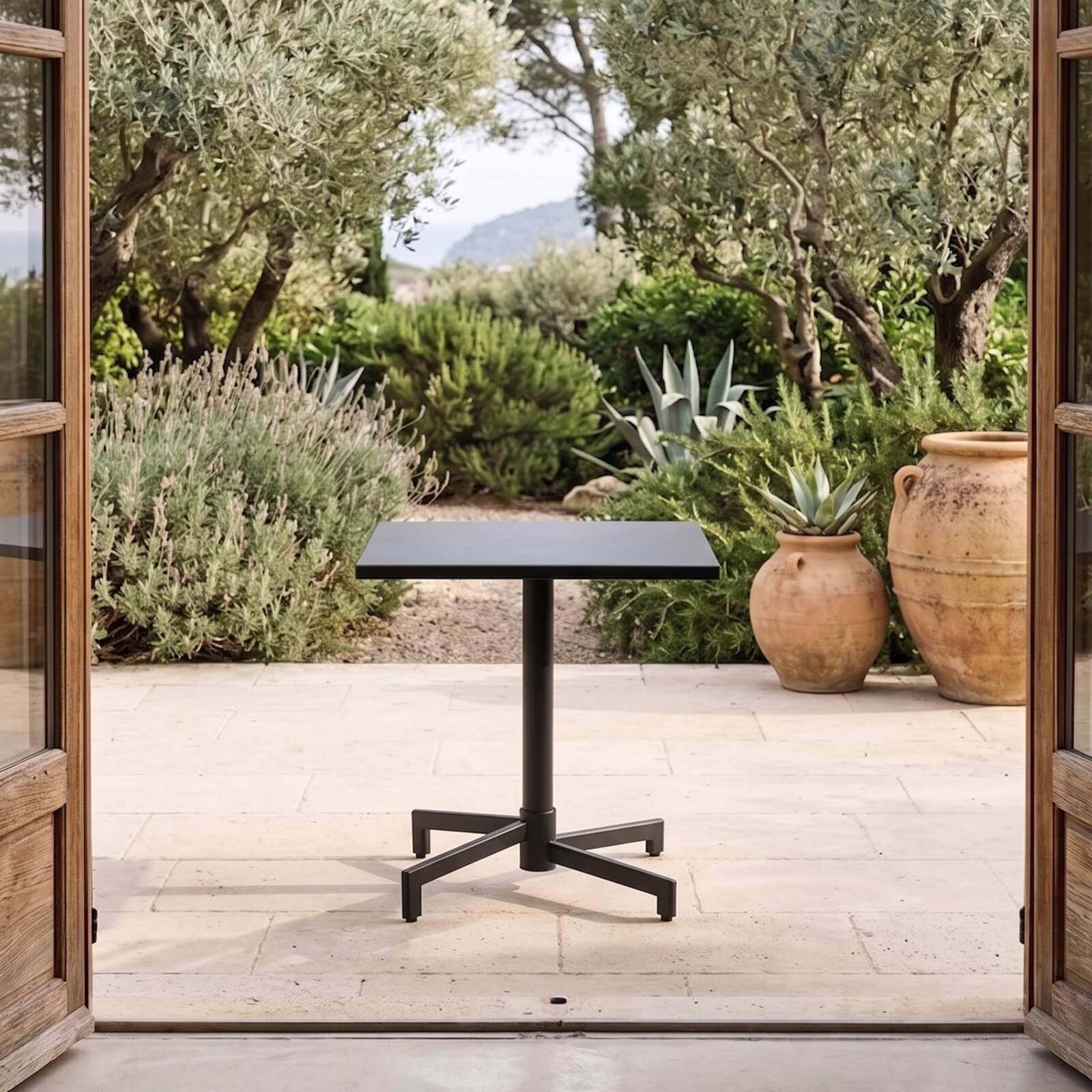 Table de restaurant carrée inclinable en métal 2-4 personnes avec pied encastrable 70x70 cm