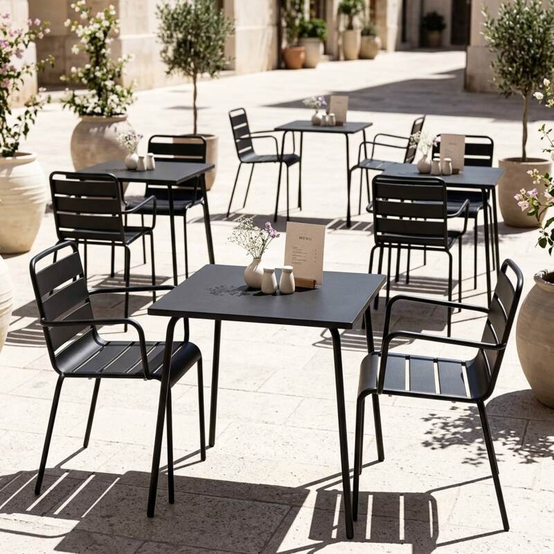 Table de terrasse bistrot carrée en métal 70x70 cm et 2 chaises avec accoudoirs (3/7)