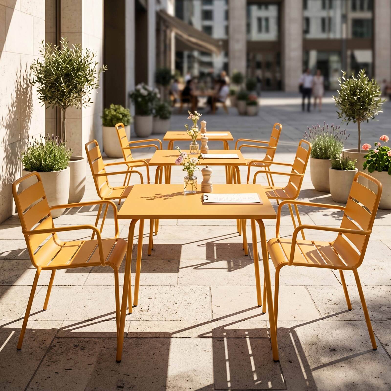 Table de terrasse bistrot carrée en métal 70x70 cm et 2 chaises avec accoudoirs