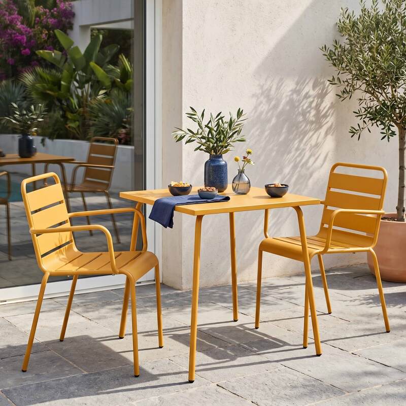 Table de terrasse bistrot carrée en métal 70x70 cm et 2 chaises avec accoudoirs