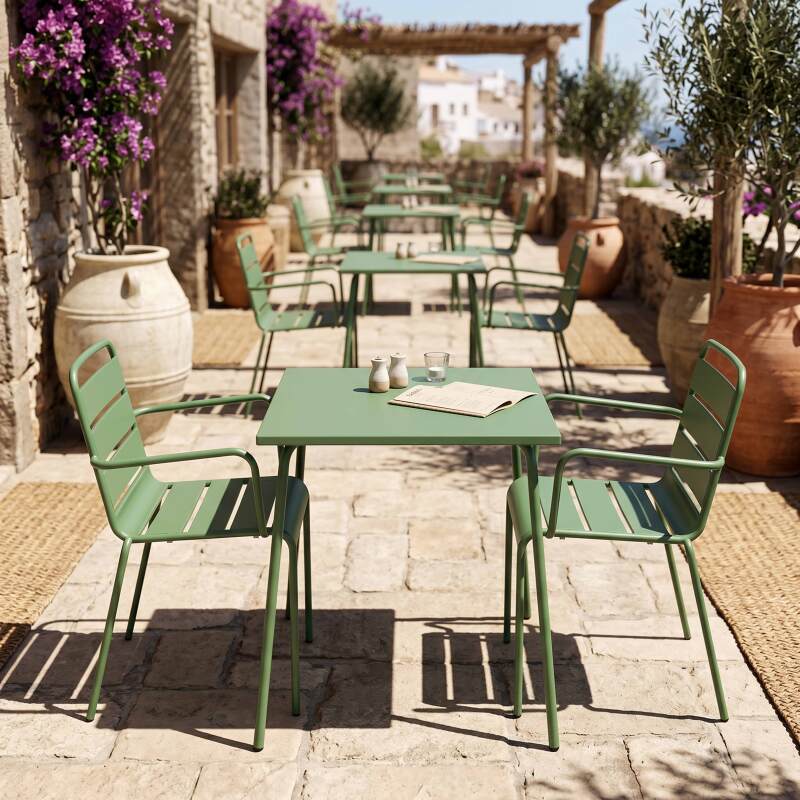 Table de terrasse bistrot carrée en métal 70x70 cm et 2 chaises avec accoudoirs (3/7)