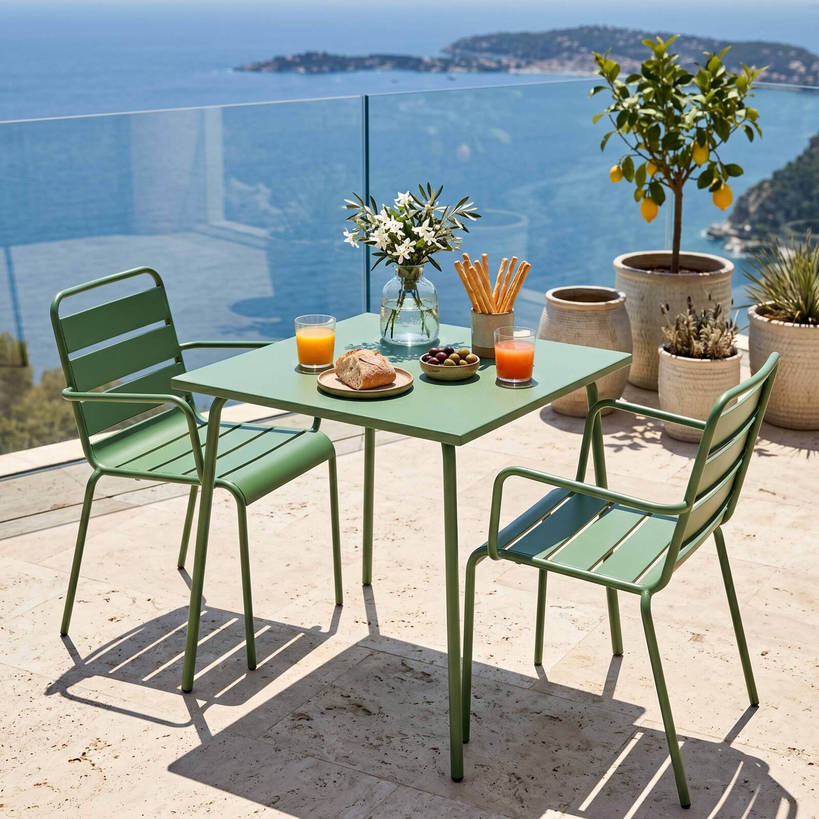Table de terrasse bistrot carrée en métal 70x70 cm et 2 chaises avec accoudoirs