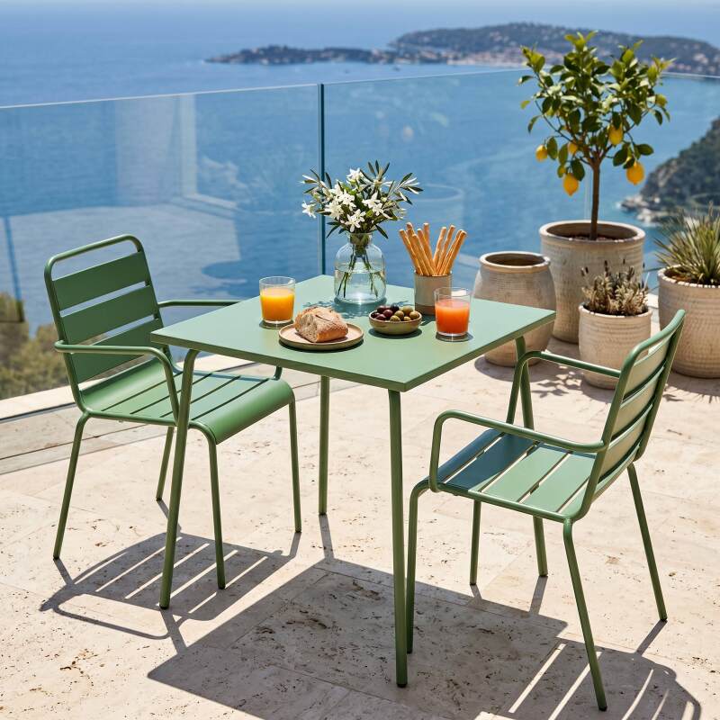 Table de terrasse bistrot carrée en métal 70x70 cm et 2 chaises avec accoudoirs